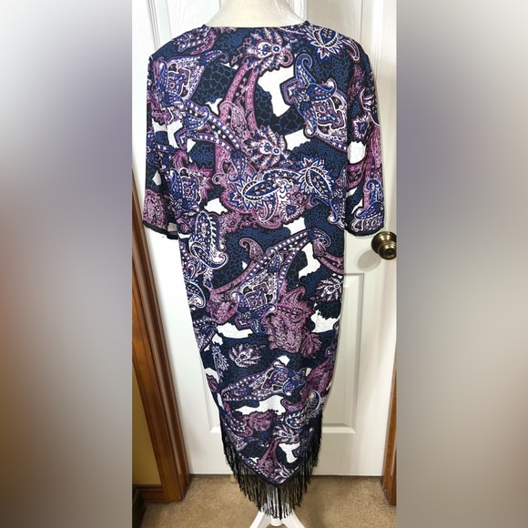 (NWOT) Charming Charlie Paisley Fringe Kimono Wrap/Cover Up Purple/Black/Ivory M - Picture 2 of 3